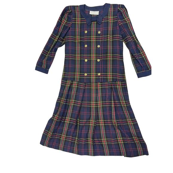 St. Simon 1980’s Vintage Tartan Plaid Midi-Dress, Size S/M Bow, Dark Academia‎ - Picture 1 of 7